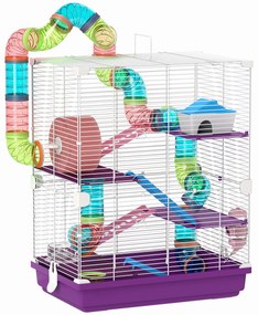Pawhut Gaiola para Hamster Roedor 4 Andares com Túneis Comedouro Roda Casinha Escadas 46x30x58 cm Violeta | Aosom Portugal