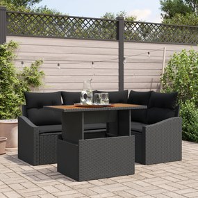 Conjunto de Sofás de Jardim 5 Peças com Almofadas Preto Rattan Poliést