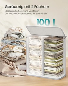 Cesto da roupa suja com 2 compartimentos, 100 L, com tampa, saco de bambu cinzento