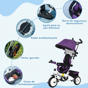 Triciclo Evolutivo para Bebés de +12 Meses 2 em 1 com Toldo Dobrável Guiador Cinto de Segurança e Cesto 95x50x106 cm Roxo