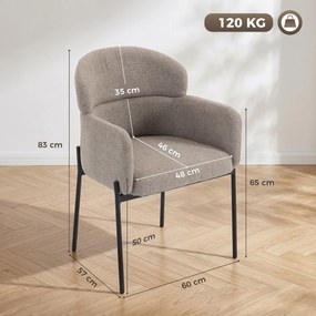 Poltrona de sala, poltrona auxiliar estofada em chenille com encosto curvo e braços, pés em metal, castanho claro