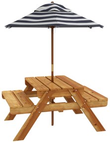 Outsunny Mesa de Piquenique para Crianças de Madeira Mesa e 2 Bancos Infantis com Chapéu de Sol e Caixa de Areia 89x80,5x42,5 cm Teca | Aosom Portugal