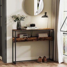 Mesa consola estreita com dois níveis e compartimentos semiabertos 24 x 100 x 80 cm Castanho vintage + Preto