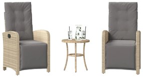 vidaXL 3 pcs conjunto bistrô com almofadões vime PE bege misturado
