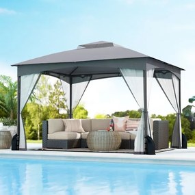 Pérgula para jardim 365x300 cm com paredes de malha com pesos areia Estrutura metálica resistente Portas com fecho Cinzenta