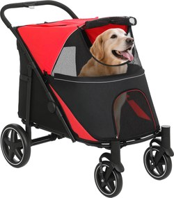 PawHut Carrinho Cães Dobrável Janelas Malha Cinto Segurança Bolsos Armazenamento Confortável 112x65x100 cm Vermelho | Aosom Portugal
