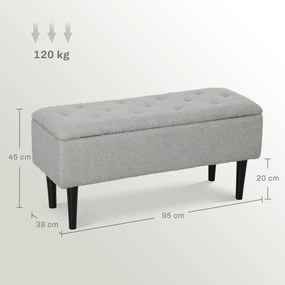Banco de Armazenamento em Borrego Capacidade 47L Tampa Abatível e Pés de Madeira de Borracha Carga 120 kg 95x38x45 cm Cinza