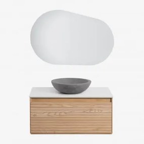 Conjunto De Móvel De Casa De Banho Suspenso 80x50 Cm Em Madeira De Freixo Tedrik Castanho Fresno & Cimento Cinzento Redondo Ø40 Cm Tarsis & - Sklum