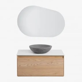 Conjunto De Móvel De Casa De Banho Suspenso Em Madeira De Freixo Tedrik Castanho Fresno & Cimento Cinzento Redondo Ø40 Cm Tarsis & Oval - Sklum