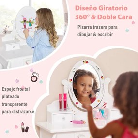 Toucador e banco infantil com espelho giratório 360° e quadro branco 3 gavetas branco