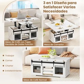Mesa de centro 105 x 54 x 48,5 cm com tampo elevável estilo rústico, 2 portas deslizantes, 3 compartimentos ocultos, sala de estar, painel branco