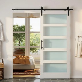 Porta de Correr com Ferragens 91x213 cm Porta de Correr Interior de MDF e Vidro Fosco com Rolo Trilho Guia de Chão Branco