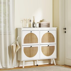 Sapateira com 4 portas, capacidade para 20 pares, prateleiras ajustáveis, estilo boémio, pés em madeira maciça, 105 x 24 x 97,5 cm, branco