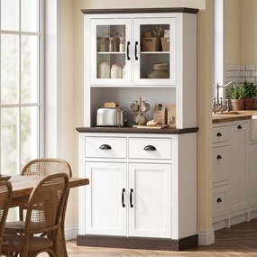 Armário de Cozinha Alto com Portas de Vidro 2 Gavetas Prateleiras Ajustáveis e Nicho Aberto 80x38x170 cm Branco