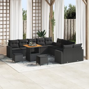 Conjunto de Sofá de Jardim vidaXL 13 Peças com Almofadas Preto Vime PE