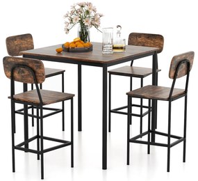 Conjunto de mesa de jantar industrial de 5 peças com mesa de altura de balcão e 4 bancos de bar - marrom escuro