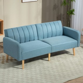 Sofá Cama de 2 Lugares com Encosto Ajustável em 3 Posições Apoio para os Braços e Pés de Madeira 173x75x73 cm Azul Claro