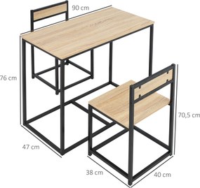 Conjunto de mesa e cadeiras de sala de jantar - Conjunto de 1 mesa + 2 cadeiras encaixáveis para cozinha - metal preto com acabamento em carvalho clar