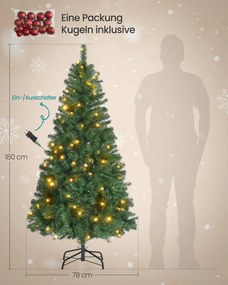 Árvore de Natal artificial com  iluminação e com (PACOTE BOLAS VERMELHAS) com suporte metálico 180 cm de altura Verde