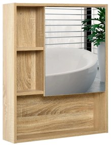 kleankin Armário para banheiro de madeira montado na parede com espelho, porta de vidro e prateleira aberta ajustável 60x 15x 76cm em grão de carvalho