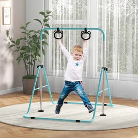 Barra de ginástica para crianças, barra horizontal dobrável com altura ajustável e argolas de ginástica, ciano