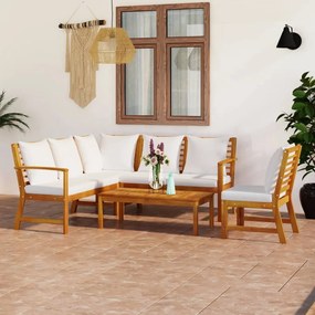 vidaXL 5 pcs conj. lounge jardim c/ almofadões cor creme acácia maciça