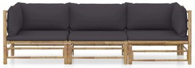 3 pcs conj. lounge jardim em bambu c/ almofadões cinza-escuro