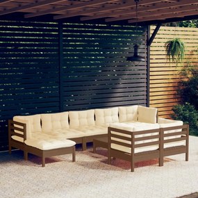 vidaXL 10pcs conj lounge jardim + almofadões pinho maciço castanho-mel
