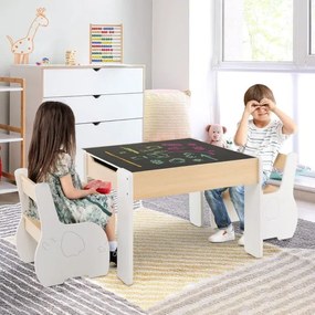 Conjunto de mesa e 2 cadeiras infantis de 3 peças com arrumação e quadro removível para sala de jogos e creche Branco