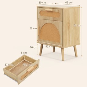 Mesa de cabeceira 45 x 30 x 61 cm de vime com gaveta e porta decorado com pernas de madeira maciça Natural