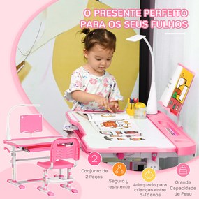 HOMCOM Conjunto de Secretária e Cadeira para Crianças acima de 3 Anos Secretária Infantil com Altura Ajustável Mesa Inclinável Gaveta Lâmpada LED e Suporte para Lápis 80x49,5x80-105cm e 36x34x60-73cm Rosa
