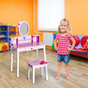 Toucador Infantil com Banco e Espelho tipo Princesa Mesa-de-Maquilhagem-de-Madeira -Cor-de-Rosa- 59 x 39 x 92 cm