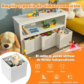 Armario com 3 Gavetas Estante de Madeira com Rodas e Cubos para Brinquedos de Criança Organizador para Sala Quarto 101 x 33 x 62 cm Branco