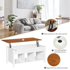 HOMCOM Mesa de Centro com Bancada Elevável Mesa de Centro com 3 Compartimentos Abertos Mesa Retangular Moderna para Sala de Estar 105x50x48cm Branco e Marrom