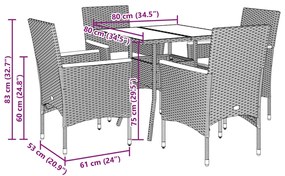 5 pcs conjunto jantar jardim com almofadões vime PE/vidro bege