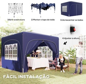 Tenda Dobrável 3x3 m com Painéis Laterais UPF50+ Tenda de Jardim com Altura Ajustável e Bolsa de Transporte Azul Escuro