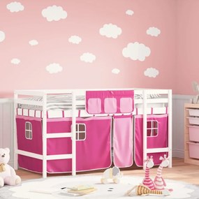 vidaXL Cama alta p/ criança c/ cortinas 80x200 cm pinho maciço rosa