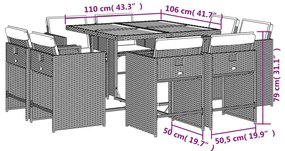 9 pcs conjunto de jantar p/ jardim c/ almofadões vime PE cinza