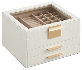 Caixa de joias SONGMICS com tampa de vidro, organizador de joias de 3 camadas com 2 gavetas, armazenamento de joias, amplo espaço de armazenamento, estilo moderno, presente para entes queridos, branco nuvem e dourado JBC239WT