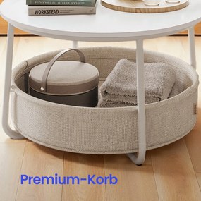 Mesa de centro 75 cm de diâmetro com cesto em tecido branco mate e castanho-camel