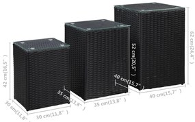 Mesas de apoio com tampo de vidro 3 pcs vime PE preto