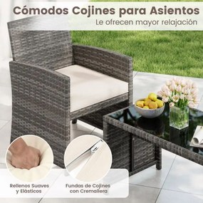Conjunto de Jardim, 4 peças em rattan com almofadas e tampo em vidro temperado, para jardim, alpendre ou varanda, cinzento e Creme