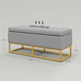 Banco de Armazenamento Retangular Estofado em Linho com Pés de Aço para Sala de Estar Dormitório 110x44x48 cm Cinza