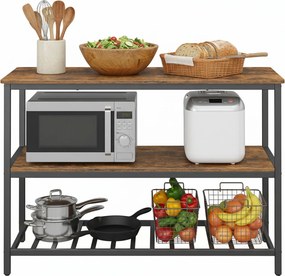 Armário de cozinha com grande bancada 60 x 120 x 90 cm, prateleira para micro-ondas com 3 níveis, estrutura em aço castanho-preto