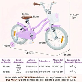 Bicicleta Infantil para Menina 4-7 Anos, 114,5 x 56 x 71,5-77 cm, Rodas de Apoio Removíveis, Roxo