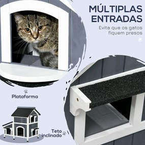 PawHut Casa para Gatos de Madeira com Suporte para Flores 96x65x85,5 cm Casa para Gatos de 2 Níveis com Teto Asfáltico Janela e Múltiplas Entradas Cinza