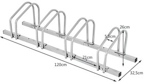 Estacionamento para 4 bicicletas de chão, Estacionamento metálico para casa Centro comercial Estacionamento 120 x 32,5 x 26 cm cinzento