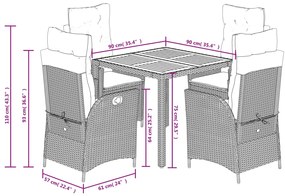 5 pcs conjunto de jantar p/ jardim c/ almofadões vime PE preto