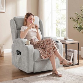 Poltrona Elevatória Elétrica Reclinável, 89 x 82 x 110 cm, Massagem Vibratória e Aquecimento Lombar, Cinzento