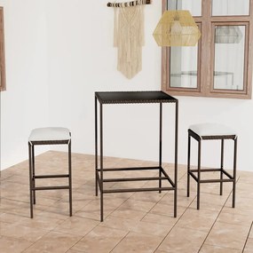 vidaXL 3 pcs conjunto de bar p/ jardim com almofadões vime PE castanho